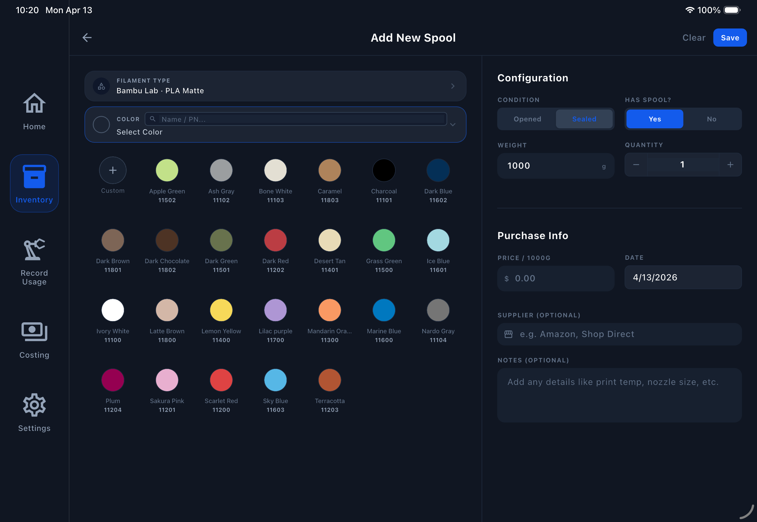 Filament Genius tablet dashboard for 3D printing filament inventory